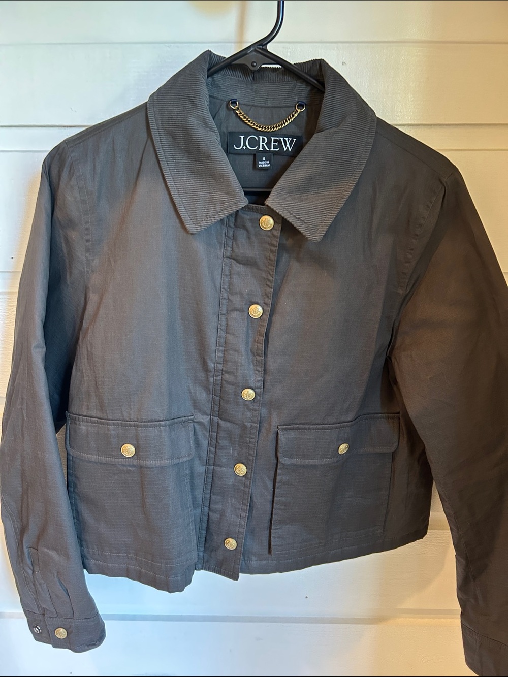 J. Crew Cropped Barn Coat in ripstop cotton mossy brown color